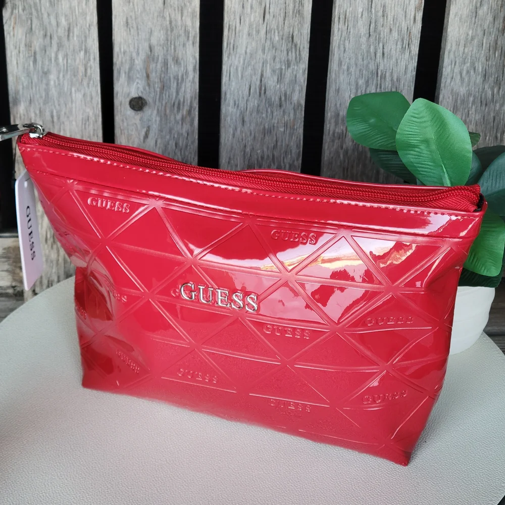 Red Patent GUESS Shiny Finish Embossed Cosmetic Zip Pouch